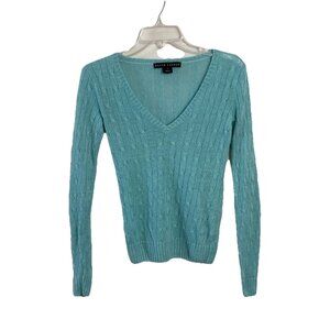 Ralph Lauren Black Label Aqua 100% Linen Cable Knit V Neck Sweater Sz Small S